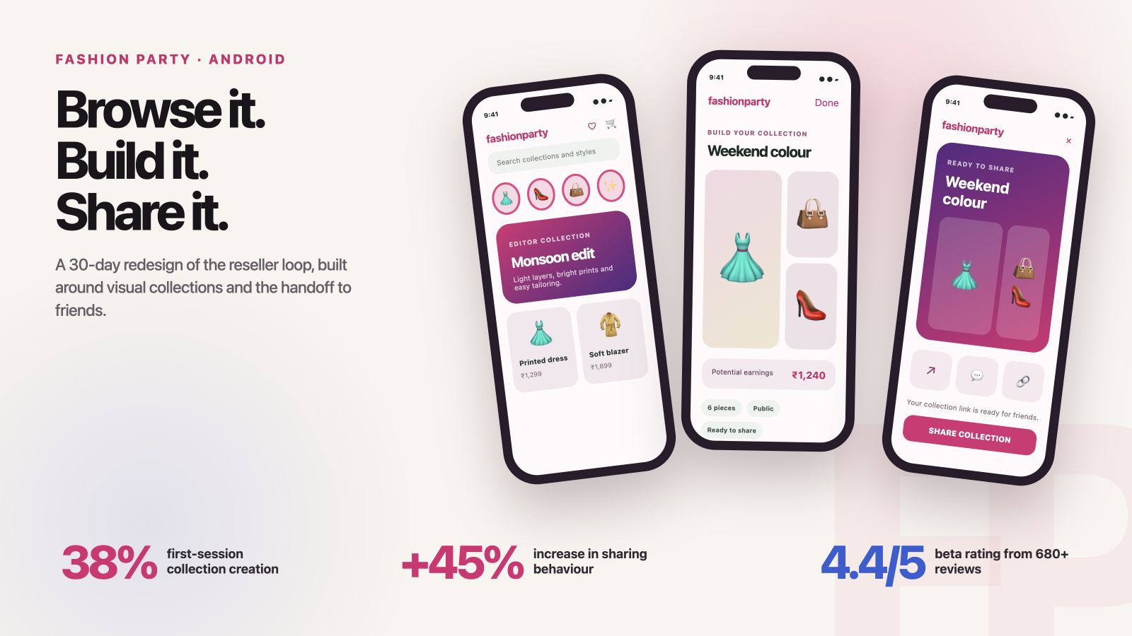 Fashion Party Android screens: browsing editor collections, building a collection with potential earnings, and the ready-to-share state.