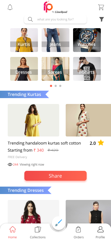 Fashion Party home screen with a Trending Kurtas row of equally sized short product tiles that crop the garments, above the collection title Trending handaloom kurtas soft cotton, a 2.0 star rating, Starting from 340 rupees reduced from 420, free delivery, 244 viewing right now, and a full width Share button.