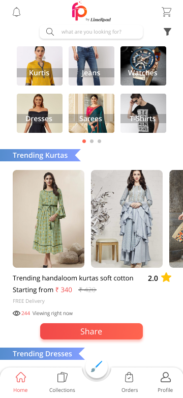 The same Trending Kurtas row redrawn with large portrait product tiles of equal size, two and a half of them visible across the screen, above the same collection title, starting price, 2.0 star rating, viewer count and full width Share button.