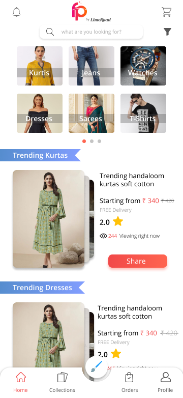 The Trending Kurtas collection laid out as two columns, a stacked product image on the left with a second card edge showing behind it, and a right column carrying the collection title, Starting from 340 rupees, free delivery, a 2.0 star rating, 244 viewing right now and a Share button, with the Trending Dresses collection beginning below it on the same screen.