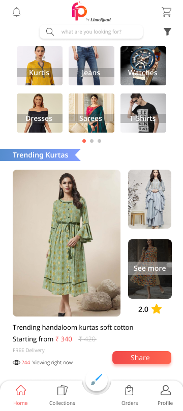 The Trending Kurtas collection with one large lead product image on the left, two smaller supporting product images stacked on the right where the lower one carries a See more overlay, a 2.0 star rating beneath them, and a row underneath holding the collection title, Starting from 340 rupees, free delivery and 244 viewing right now on the left with a Share button on the right.