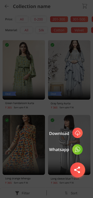 Fashion Party collection page with price and material filter chips across the top and a grid of four products, each ticked with a green check and labelled with a 365 rupee price and Earn upto 56 rupees, and the share control in the lower corner expanded over a dimmed screen to reveal Whatsapp and Download actions.