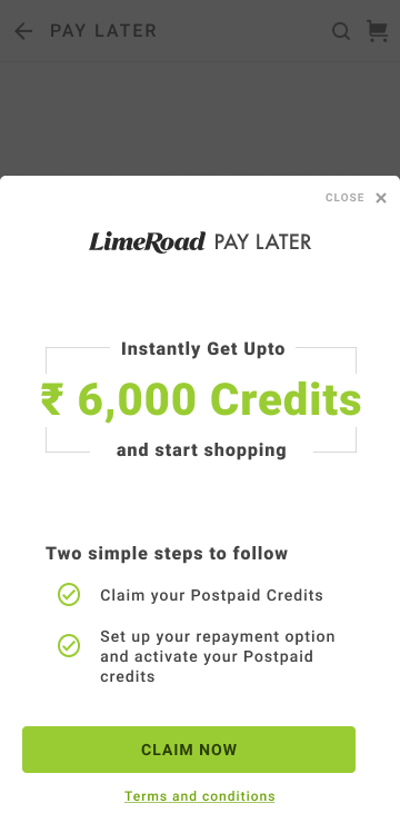 LimeRoad Pay Later sheet offering up to 6,000 rupees of credits, listing two simple steps to follow above a Claim now button.