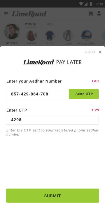 Aadhaar verification step with the number entered, a Send OTP button, and an OTP field showing a 1:29 countdown.
