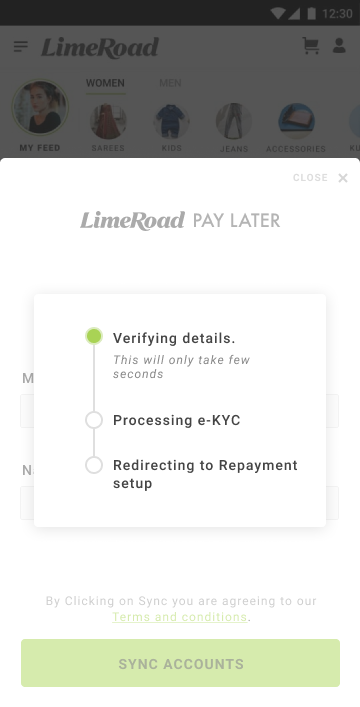 Pay Later verification panel listing three steps, with Verifying details active and Processing e-KYC and Redirecting to repayment setup still to come.
