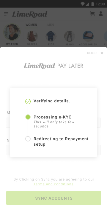The same verification panel with Verifying details ticked and Processing e-KYC now the active step.