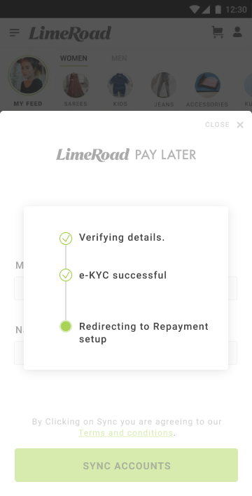 Verification panel showing Verifying details and e-KYC successful both ticked, with Redirecting to repayment setup as the active step.