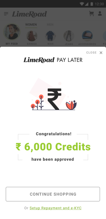Pay Later approval screen confirming that 6,000 rupees of credits have been approved, with a Continue shopping button and a link to set up repayment and e-KYC.