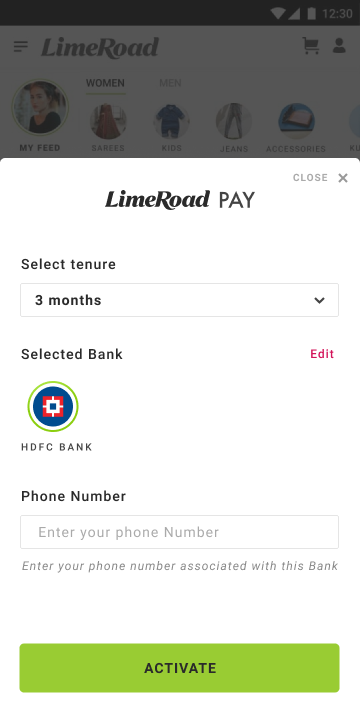 Repayment setup screen with a three month tenure selected, HDFC Bank chosen, a phone number field and an Activate button.