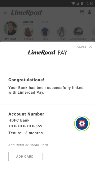Confirmation screen showing the bank linked to Limeroad Pay, with a masked account number, HDFC Bank, a three month tenure and an Add card button.