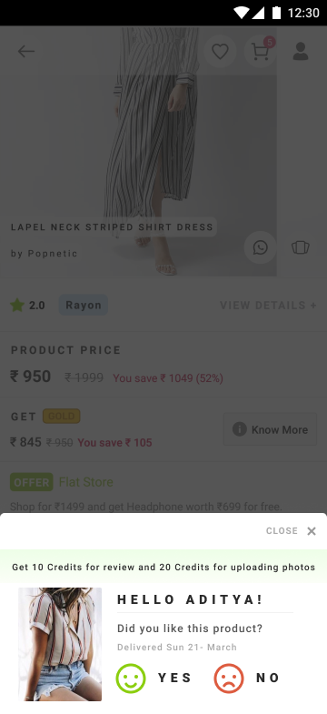 LimeRoad product page with a review prompt over it reading hello Aditya, did you like this product, with YES and NO buttons and a line offering 10 credits for a review and 20 credits for uploading photos.