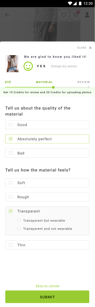 The material step of the LimeRoad review asking about the quality of the material with Good, Absolutely perfect and Bad, then how the material feels with Soft, Rough, Transparent and Thin, where Transparent is ticked and reveals wearable and not wearable options.