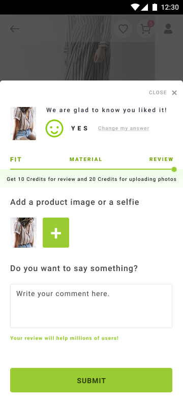 The review step of the LimeRoad review asking to add a product image or a selfie, with a thumbnail and a plus tile, above a comment box placeholder reading write your comment here.