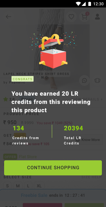 LimeRoad congratulations state saying 20 LR credits have been earned for reviewing this product, showing 134 credits from reviews and 20394 total LR credits above a continue shopping button.