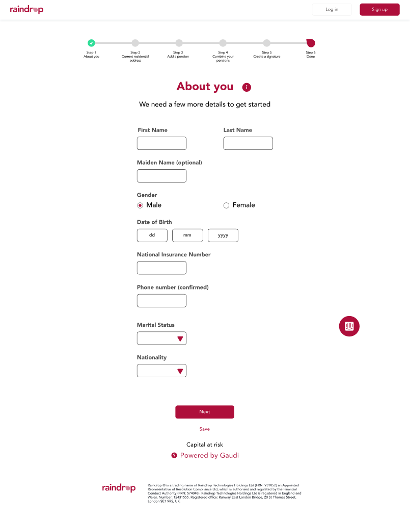 The About you step on desktop with a seven stage progress rail across the top and a short identity form beneath it.