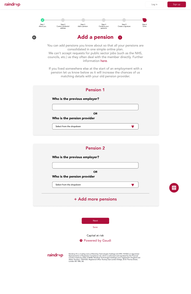 The redesigned Add a pension step showing two pension cards, each asking for the previous employer or the pension provider, with an option to add more pensions.