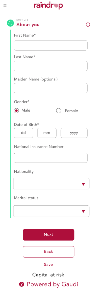 The same About you step on mobile, with the step compressed to a label and the fields stacked in a single column.