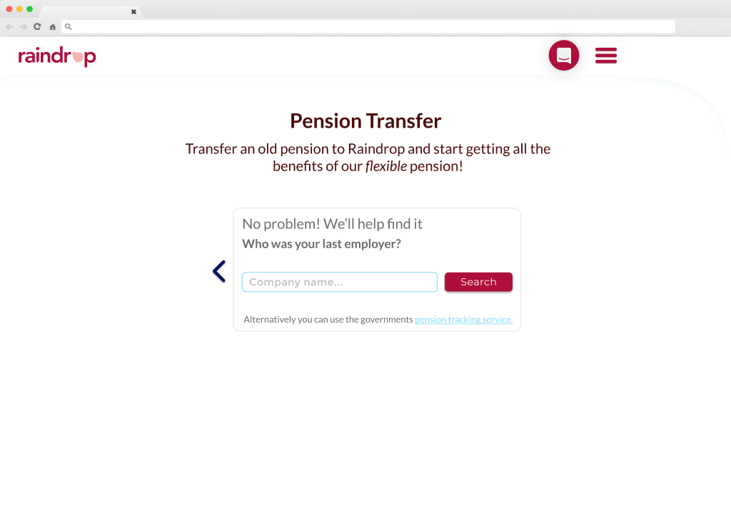 An archived Raindrop screen asking only 'Who was your last employer?' with a single company name field, a Search button and a link to the government's pension tracing service.